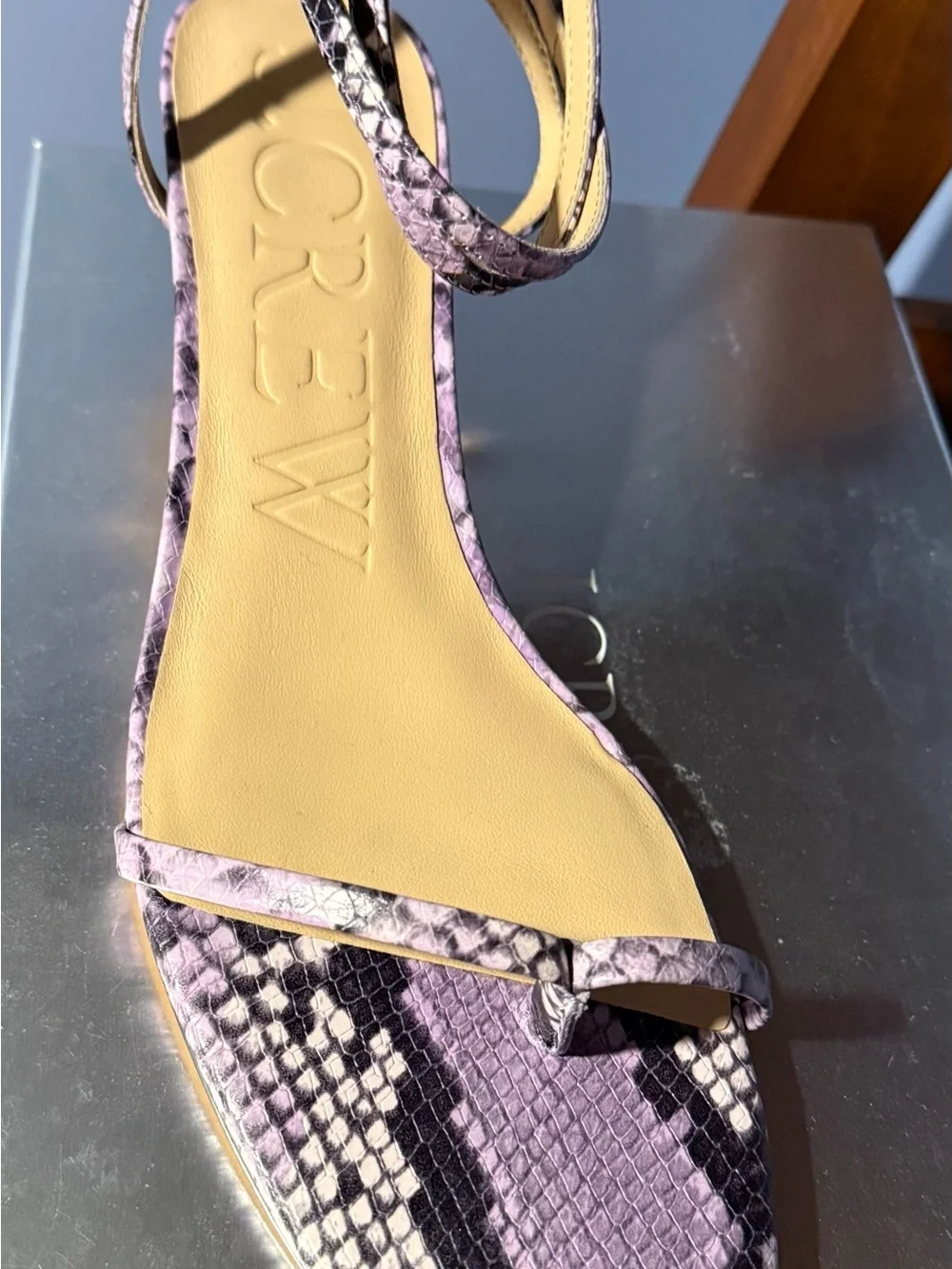 J. Crew Lavender Snake-Print Strappy Sandal